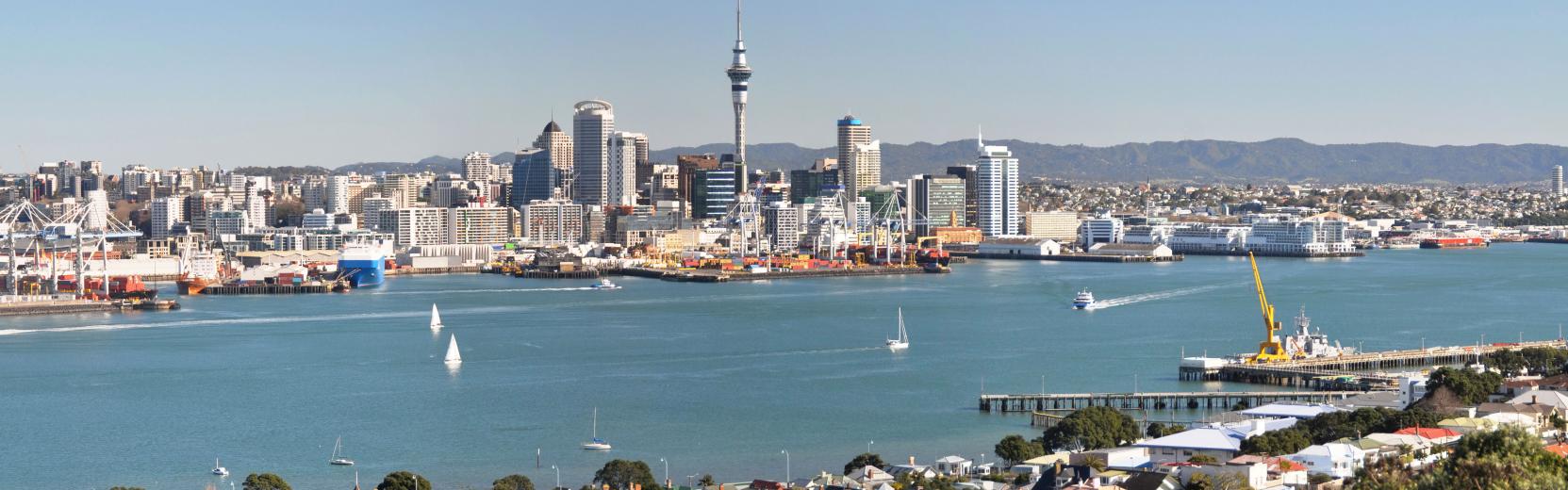 Aucklands horisont med båtar i hamnbukten