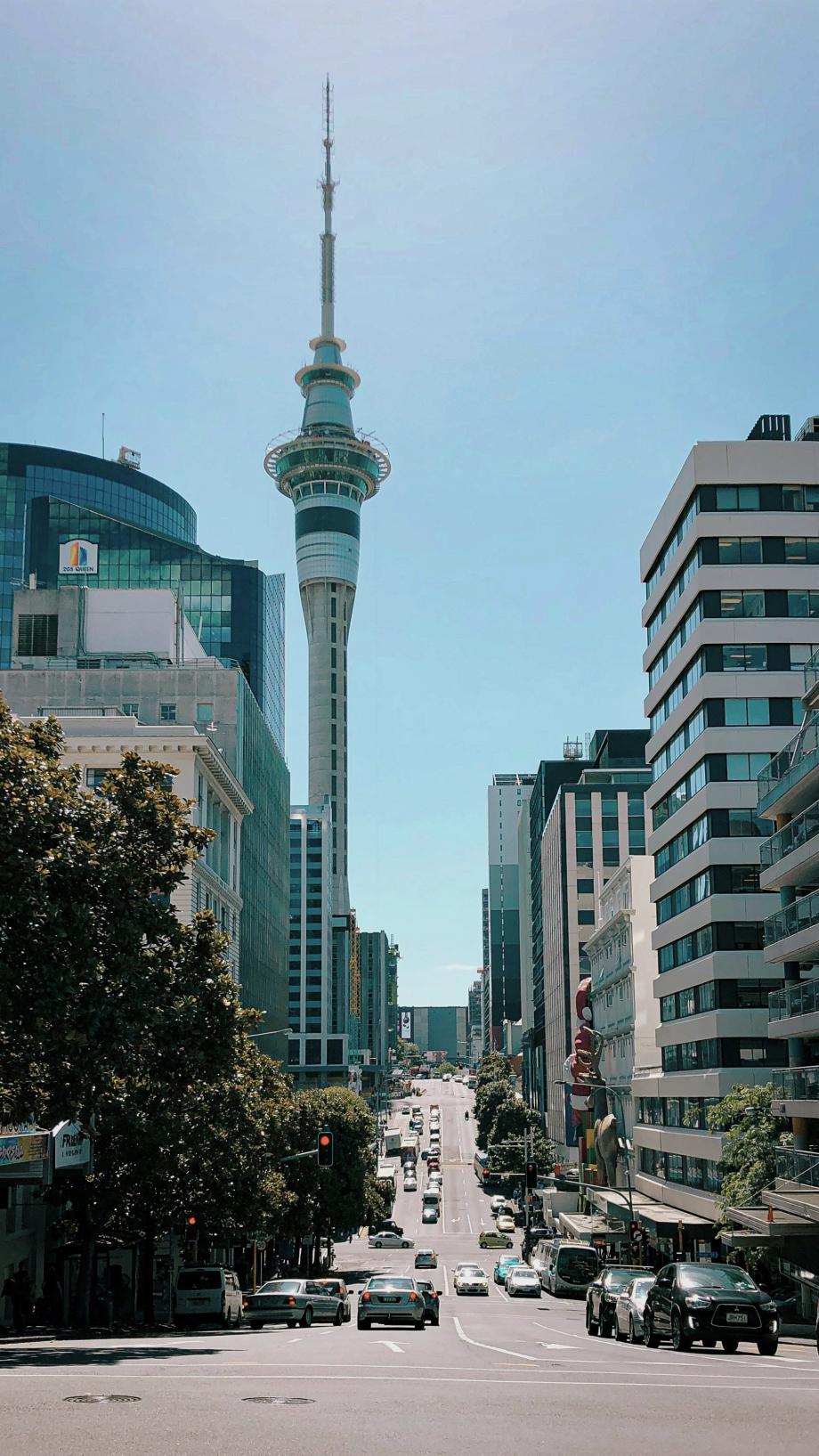 Gata i Auckland med Skytower, bilar och höga byggnader
